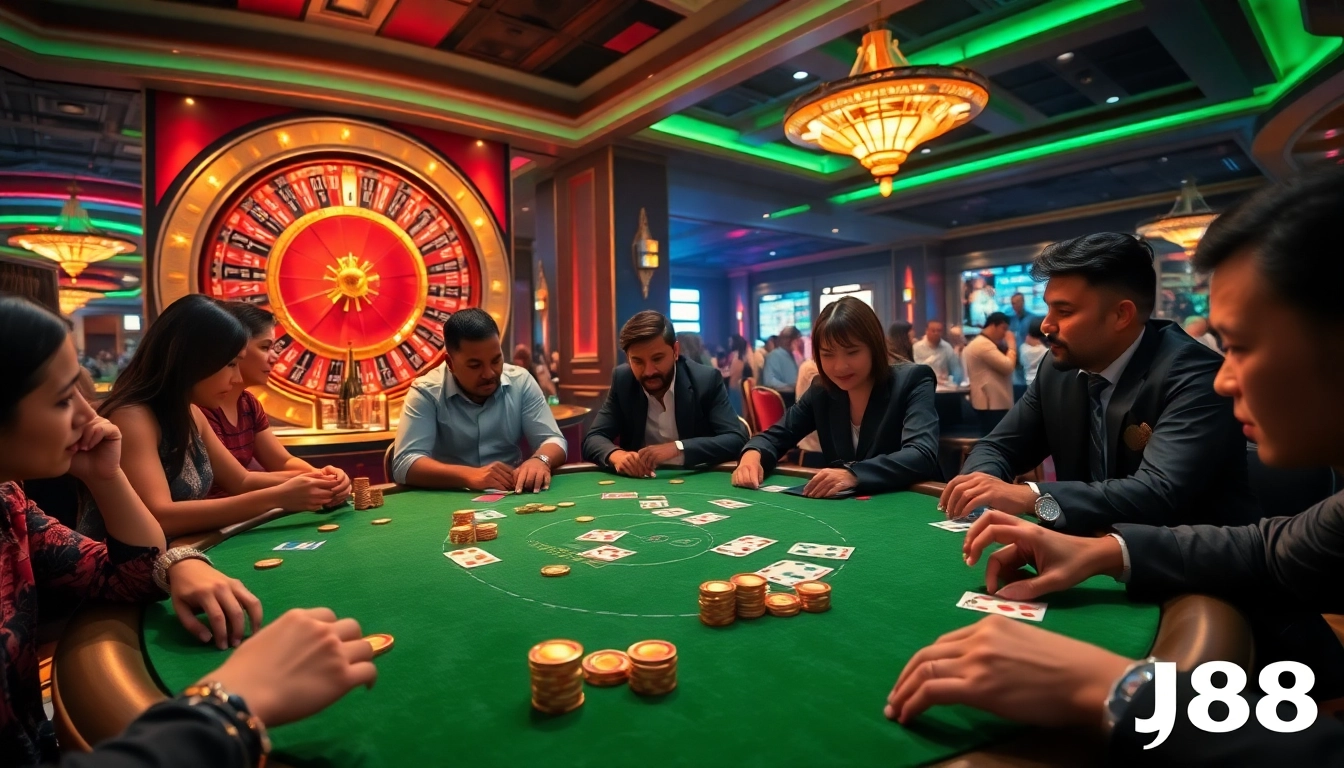 J88 poker game at an elegant casino table with shining chips and cards.
