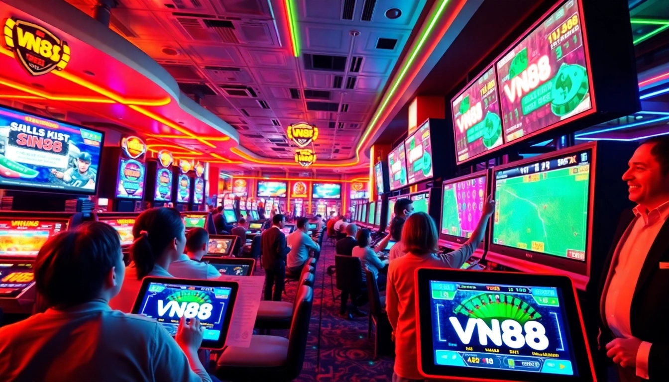 Experience the thrill of VN88 sports betting with lively digital displays and excited players.
